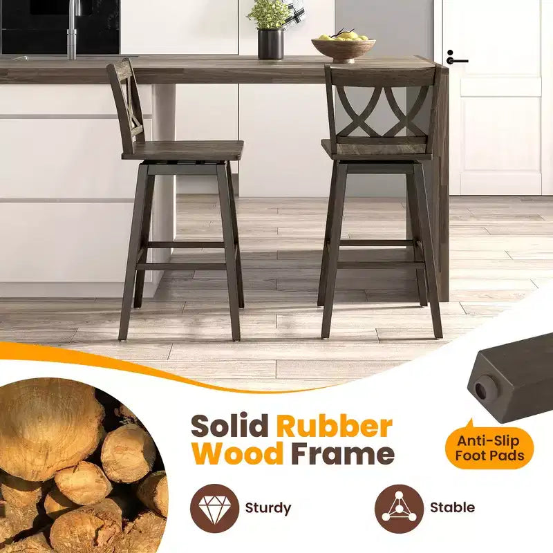 Tabouret de bar avec cadre en bois d'hévéa et siège pivotant