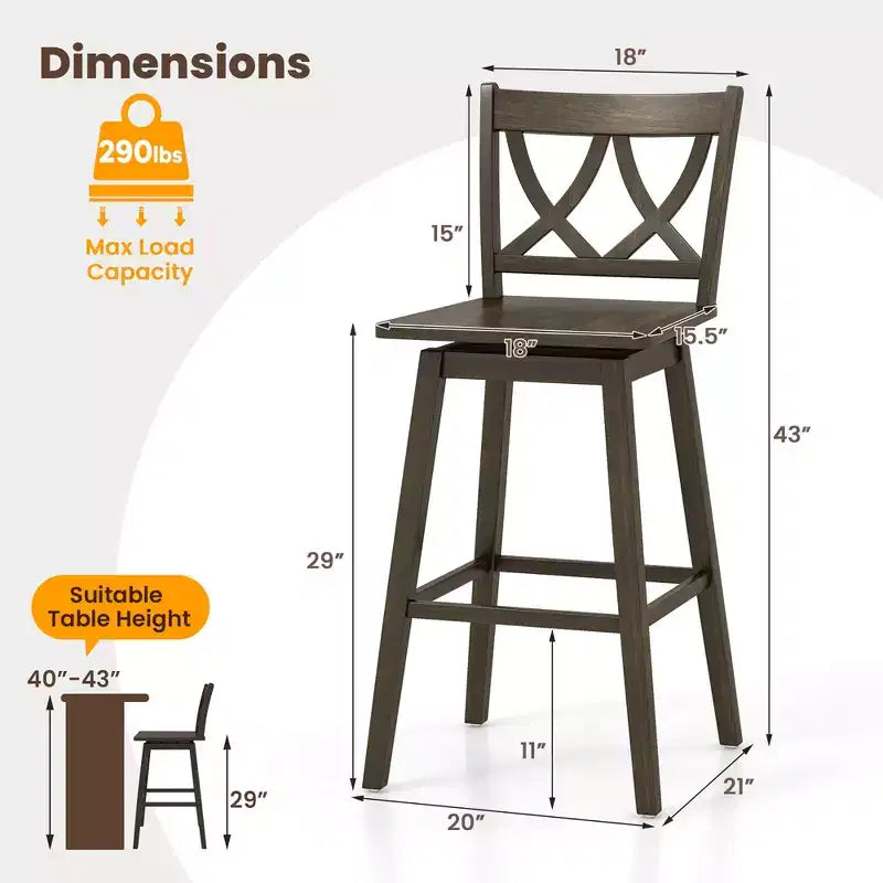 Tabouret de bar avec cadre en bois d'hévéa et siège pivotant