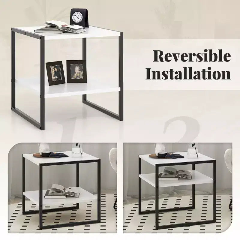 Table d'appoint à 2 niveaux avec étagère de rangement Design réversible