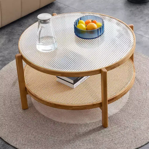 Coffee Table, Wood Modern Minimalist Round Double-Layer  Woven Rattan Chinese Style End Table for Living Room/Dining Room/Bedroom