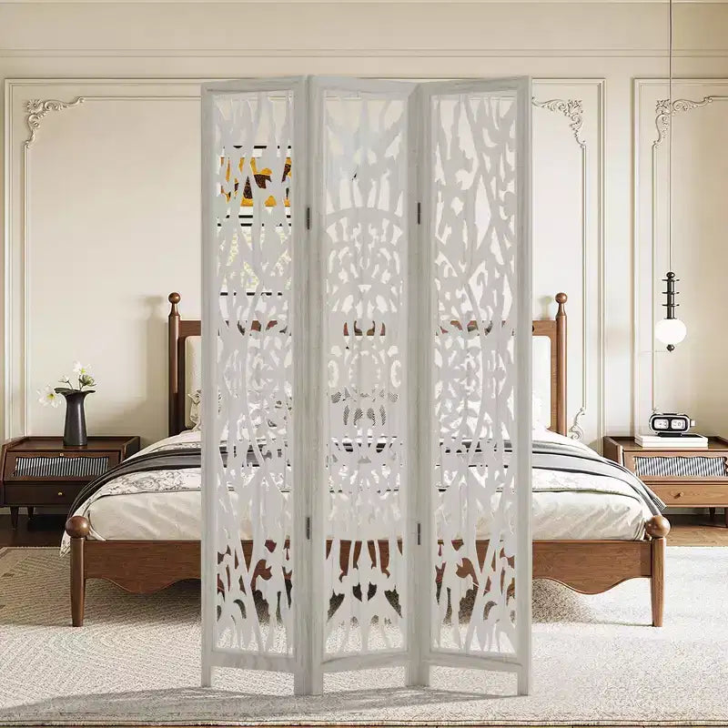 PexFix Room Divider Folding Screen Room Divider with Carved Floral Pattern for Home Office Garden Bedroom Paulownia Wood