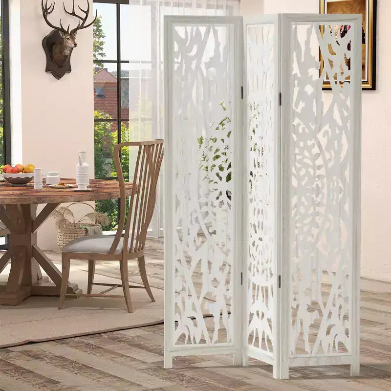 Paravent Pliant Séparateur de Pièce avec Motif Floral Sculpté