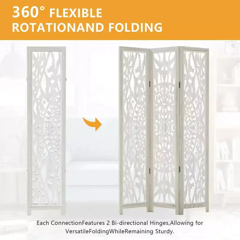 Paravent Pliant Séparateur de Pièce avec Motif Floral Sculpté