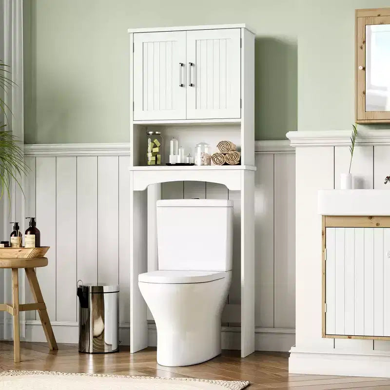 Meuble de rangement blanc à double porte pour WC