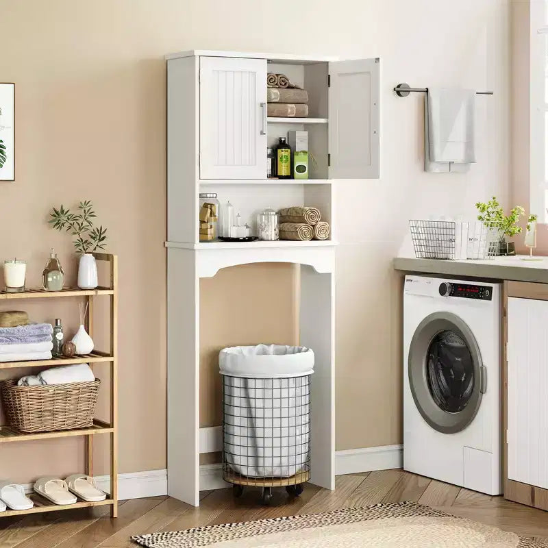 Meuble de rangement blanc à double porte pour WC