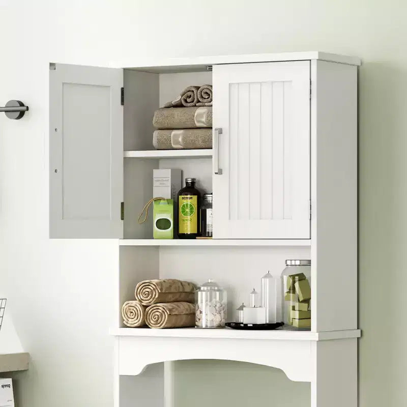 Meuble de rangement blanc à double porte pour WC