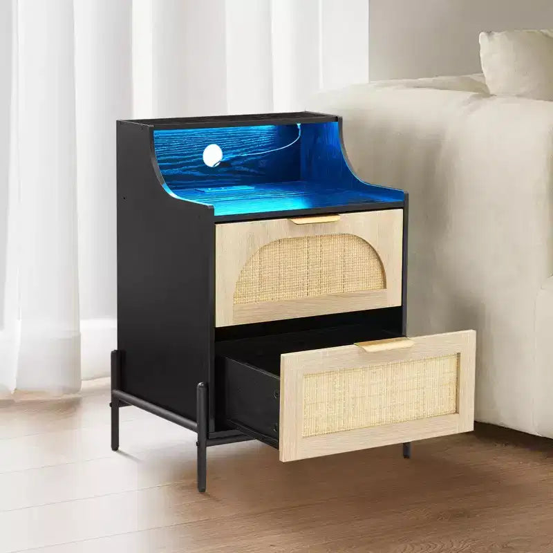 Table de chevet noire en rotin, pack de 2
