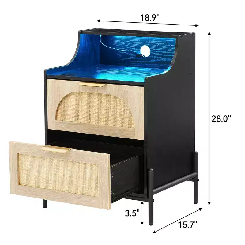 Table de chevet noire en rotin, pack de 2