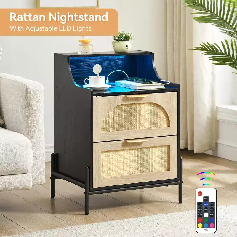 Table de chevet noire en rotin, pack de 2