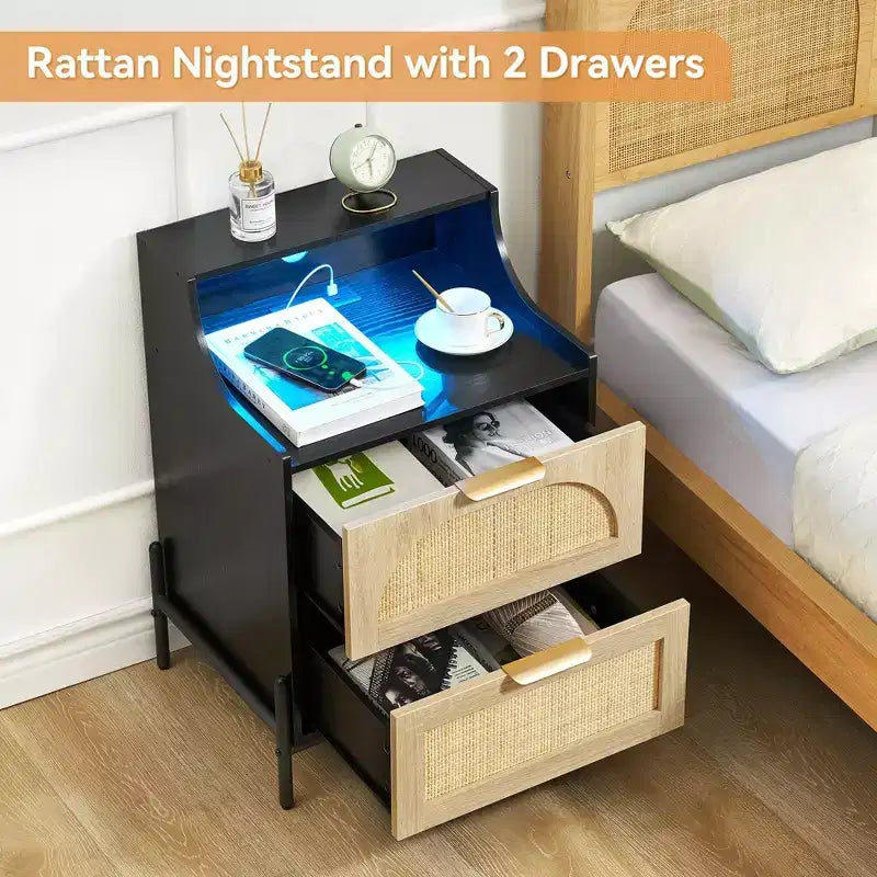 Table de chevet noire en rotin, pack de 2