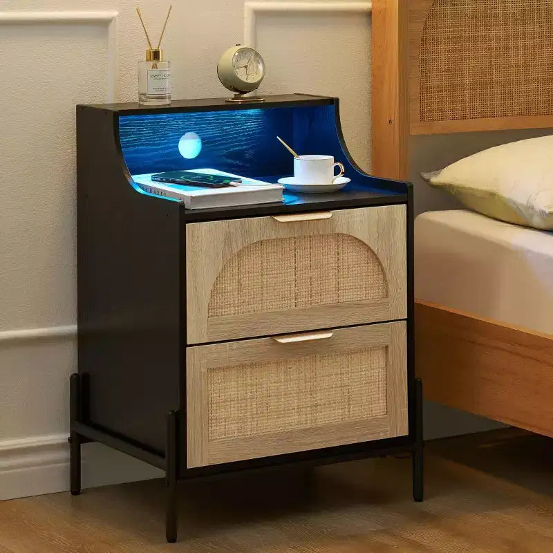 Table de chevet noire en rotin, pack de 2
