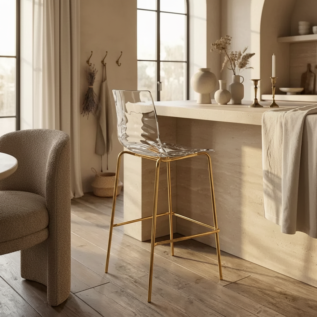 Tabouret de bar moderne en plastique avec assise ondulée et repose-pieds